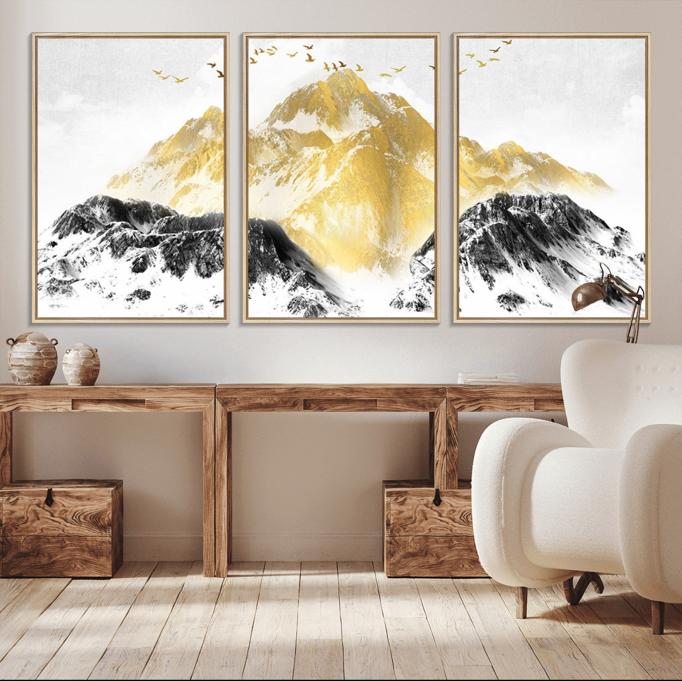 -Golden Mountain Triptych Wall Art Canvas Print, Modern Giclee Canvas Print, Nature Landscape Decor