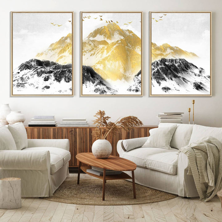 Golden Mountain Triptych Wall Art features gold-tinted mountains and birds.