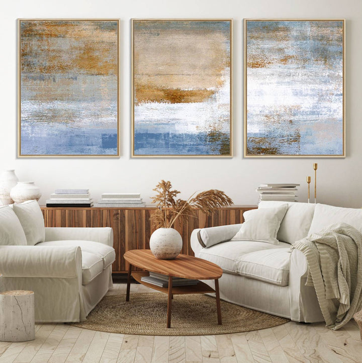 Blue Multi Panel Abstract Wall Art Canvas Print.