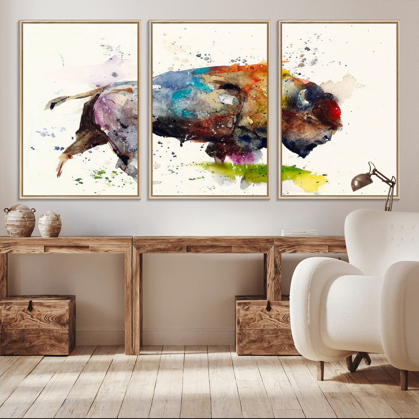 MGV-FC-60X30-3P - Abstract Buffalo Wall Art, Western Watercolor Bison Canvas Print, Rustic Buffalo Art for Cowboy and Western Decor, Large Multi-Panel Giclee Canvas
