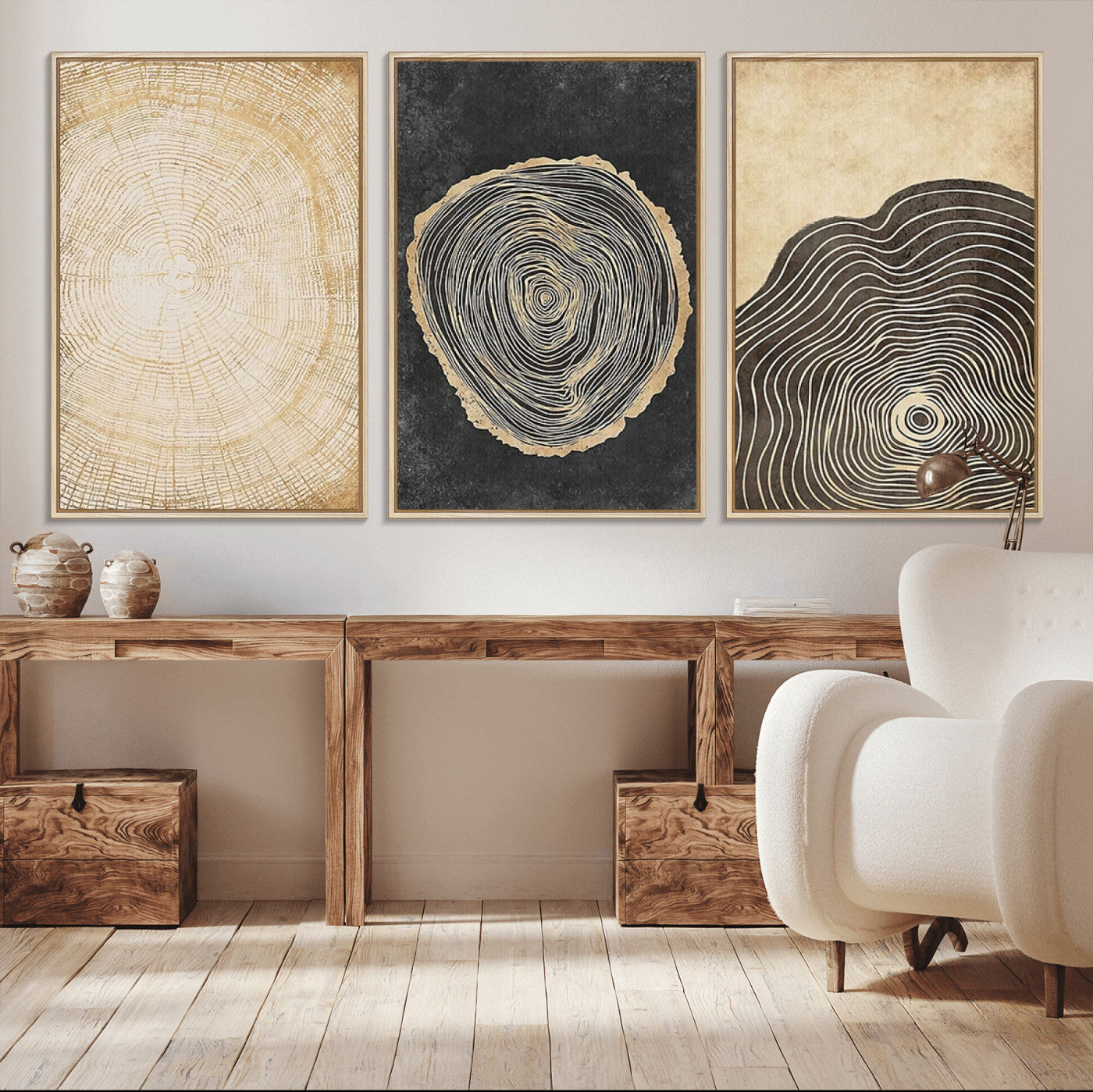 MGV-FC-60X30-3P - Tree Rings Canvas Wall Art Print – Minimalist Natural History in Modern Decor - Minimalist Boho Wall