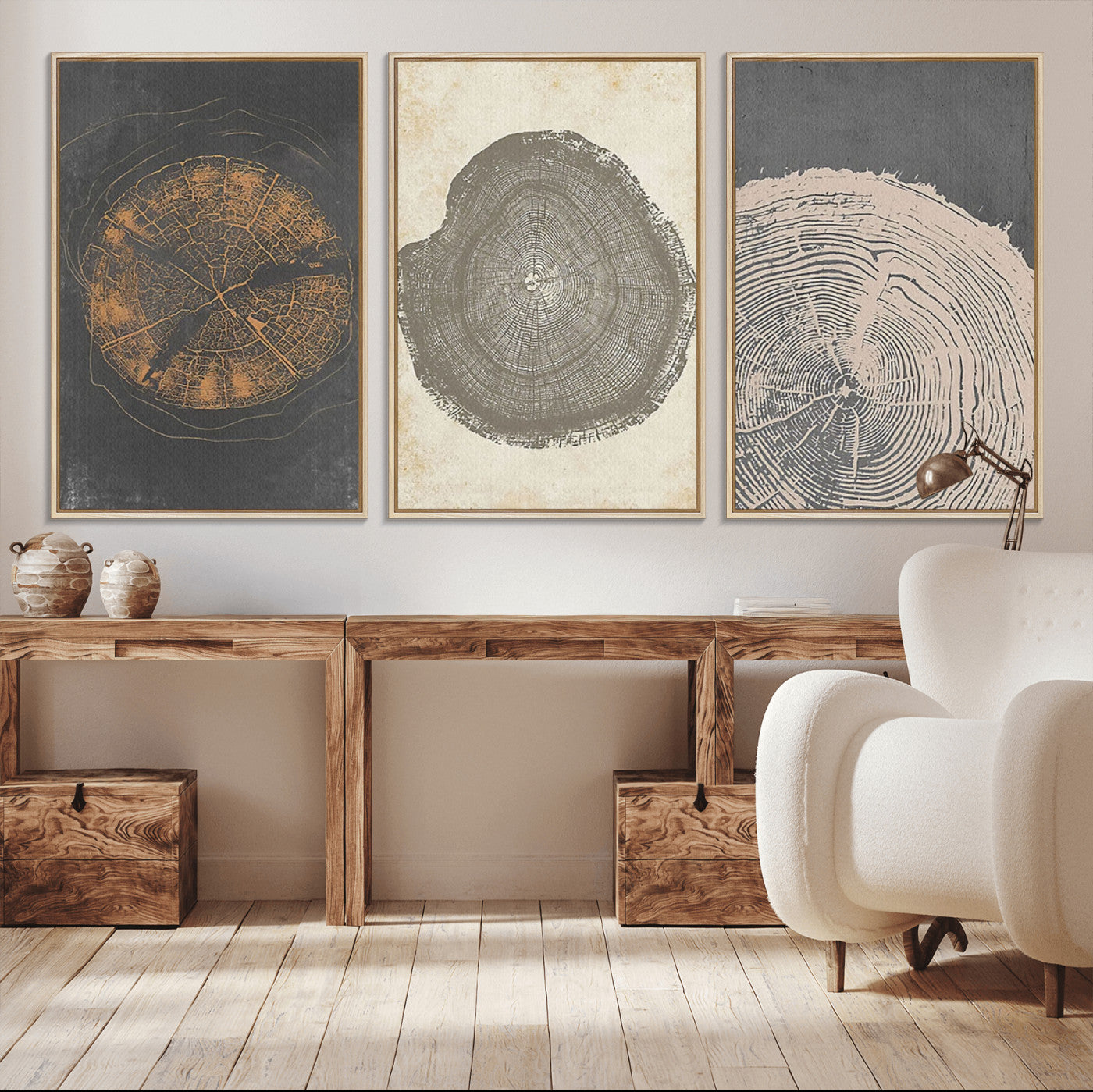 MGV-FC-60X30-3P - Boho Tree Ring Wall Art, Modern Minimalist Wood Grain Canvas, Tree Slice for Rustic Decor, Farmhouse