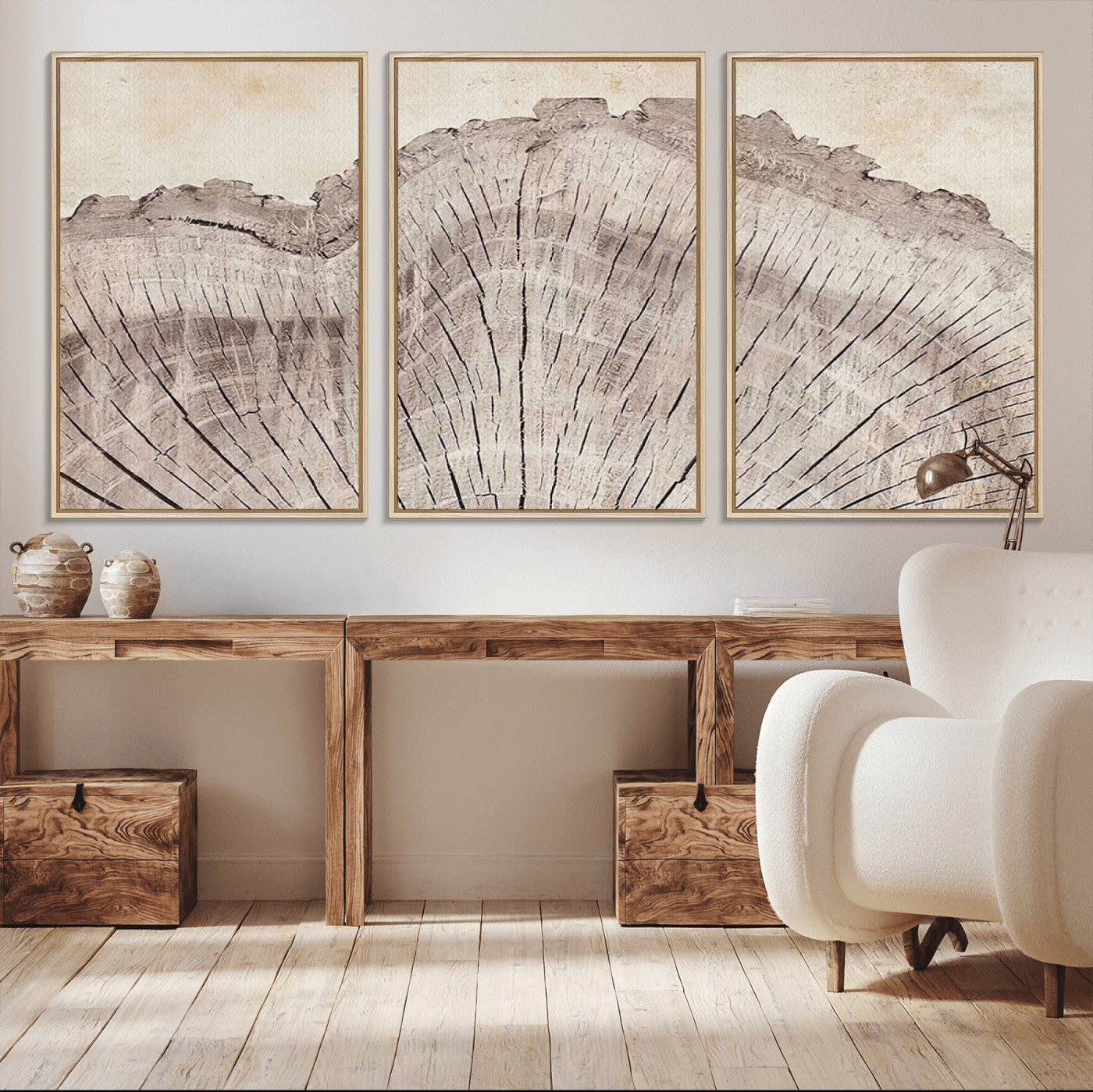 MGV-FC-60X30-3P - Tree Ring Wall Art Triptych, Rustic Wood Ring Canvas Print, Minimalist Wall Decor for Modern Homes