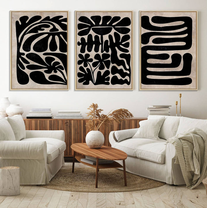 Canvas Print Wall Art Abstract Illustrs Art Boho features bold black patterns on a light background.