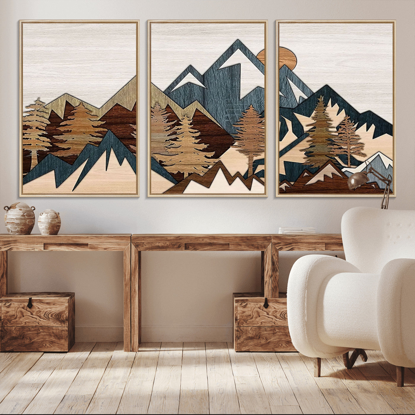 67950-MGV-CV-36X24-Woodland Mountain Landscape Triptych, Giclee Canvas Art for Modern Home, Rustic Wooden Nature Wall