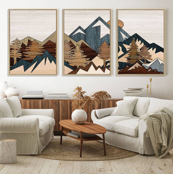 A Woodland Mountain Landscape Triptych serves as the centerpiece of the rustic decor.