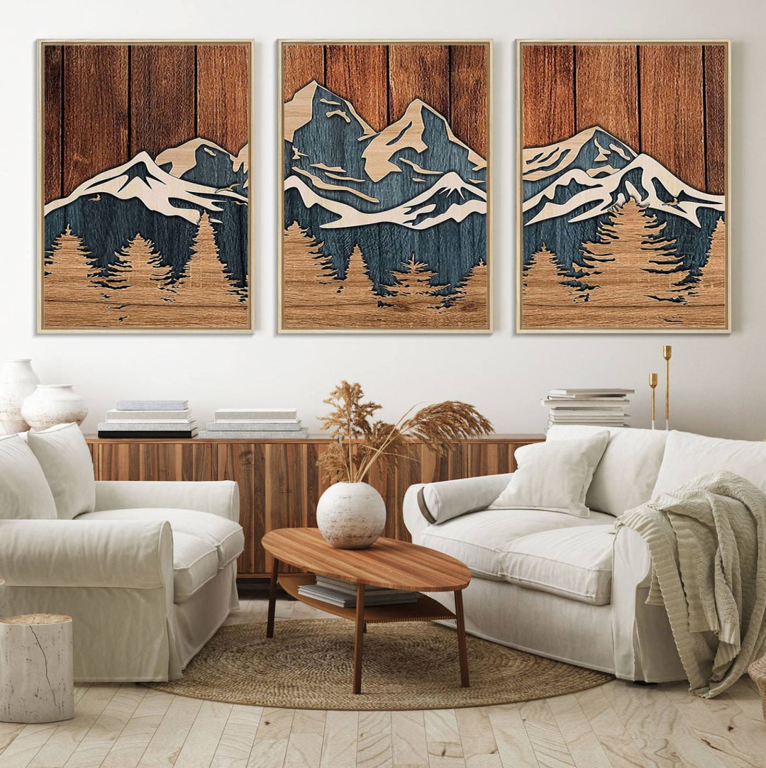 Rustic Wood Style Mountain Wall Art hangs on the wall.