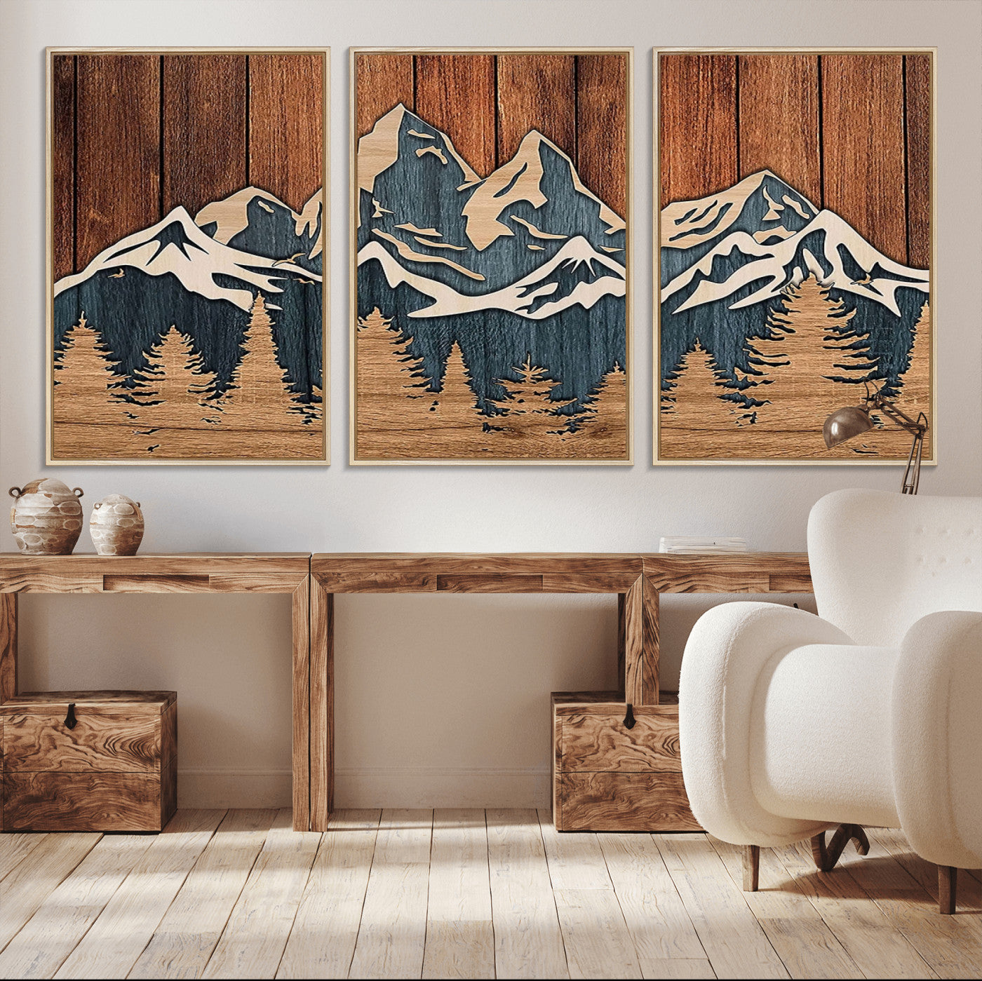 MGV-FC-60X30-3P - Rustic Wood Style Mountain Wall Art, Nature Forest Canvas Print, Wooden Textured Mountain Artwork, Handcrafted Landscape Decor for Farmhouse Decor
