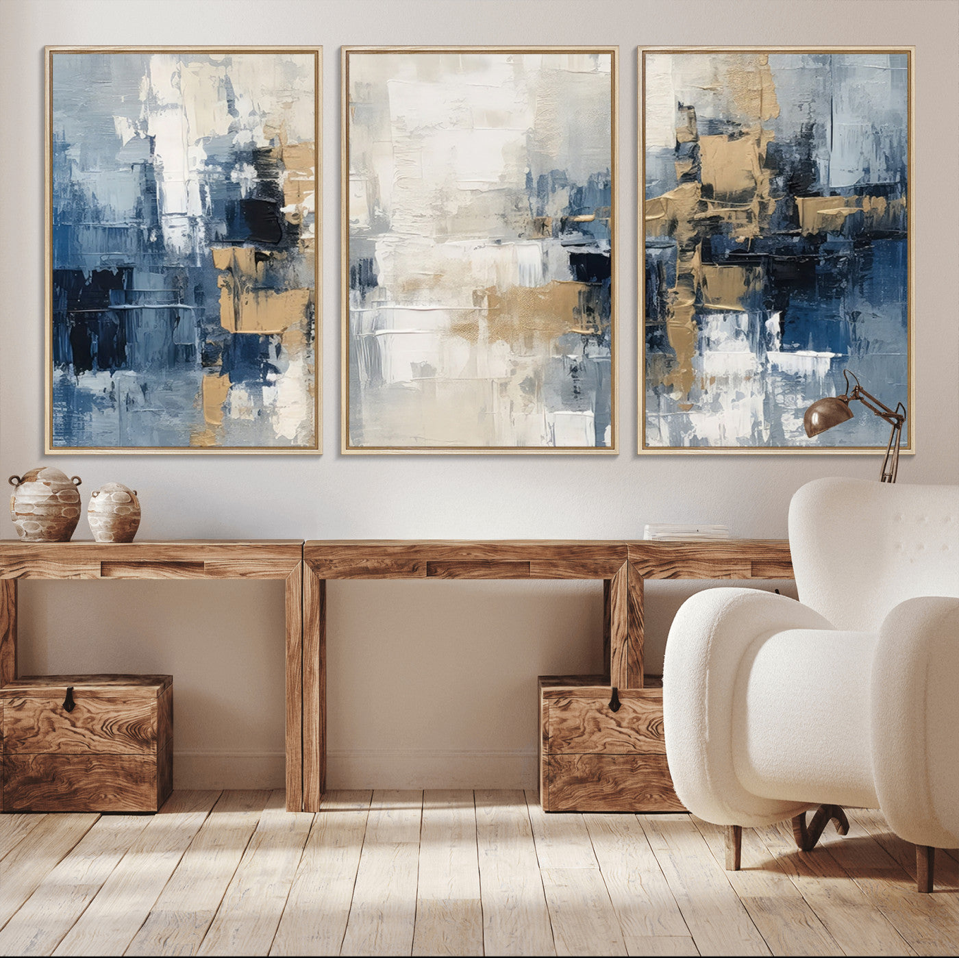 MGV-FC-60X30-3P - Modern Abstract Canvas Wall Art in Blue and Gold Tones | Large Contemporary Art for Living Room, Office, or Bedroom Décor