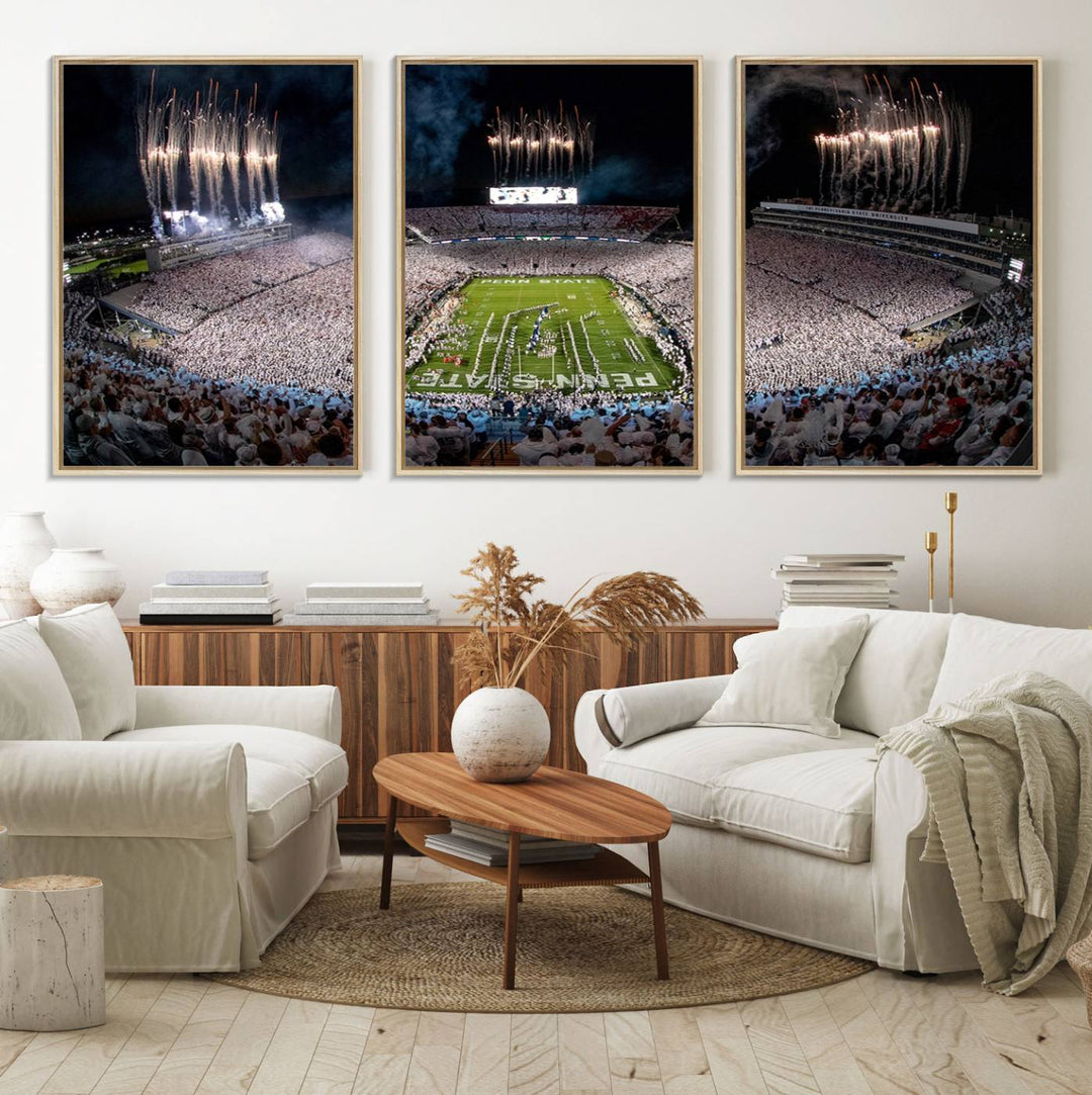 The perfect Penn State Football canvas wall art features a depiction of Beaver Stadium filled with fans in white, with fireworks exploding above.