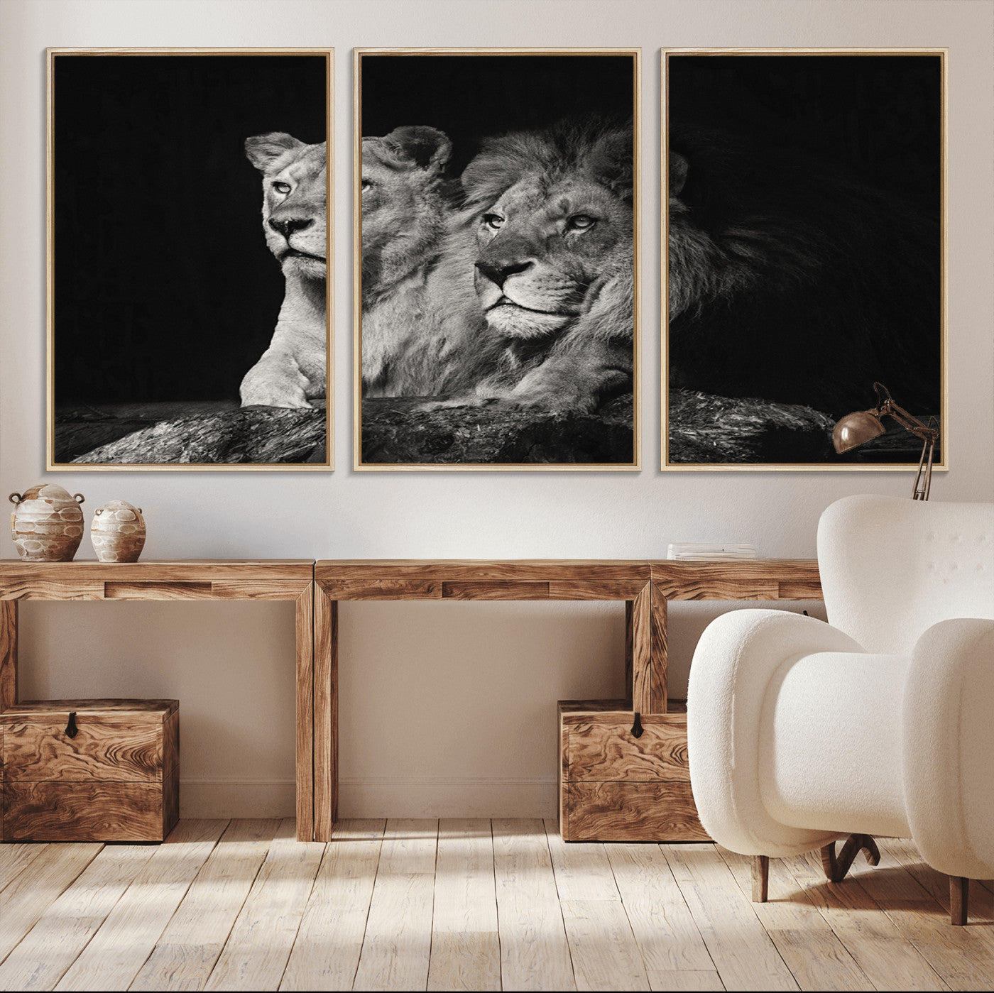 MGV-FC-60X30-3P - Lion Couple Canvas Wall Art Print – Elegant Wildlife Portrait in Black and White Lion Family – Ready to Hang