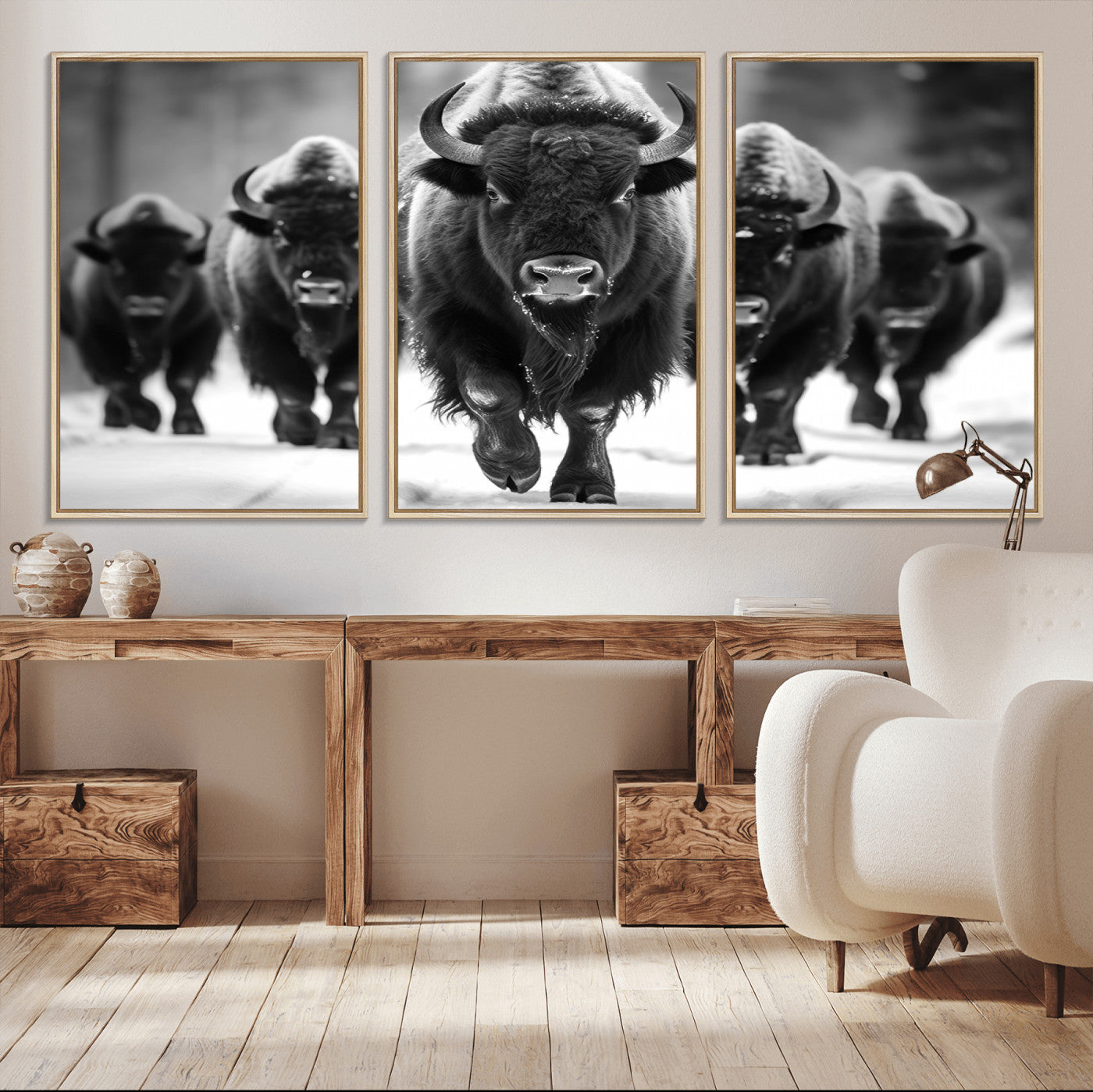MGV-FC-60X30-3P - American Bison Art | Buffalo Herd Wall Art Canvas Print, BW American Bison Herd Wall Art Canvas