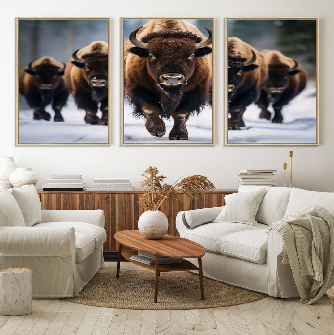 The dining room features an American Bison Herd Canvas Print against the snow.