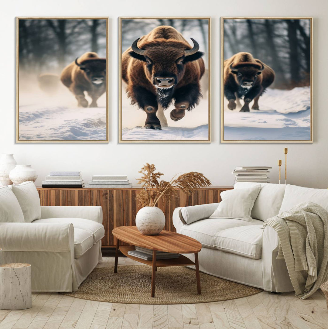 Wall art titled Cow Bighorn shows three bison running through snow in a forest.