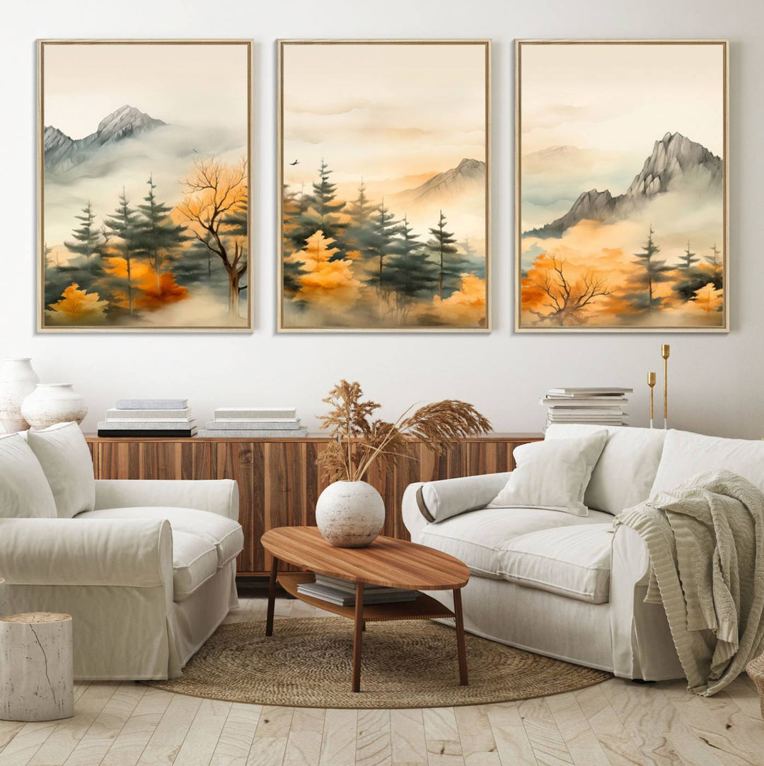 A wall art of Abstract Watercolor Mountains and Trees Autumn on museum-quality canvas.