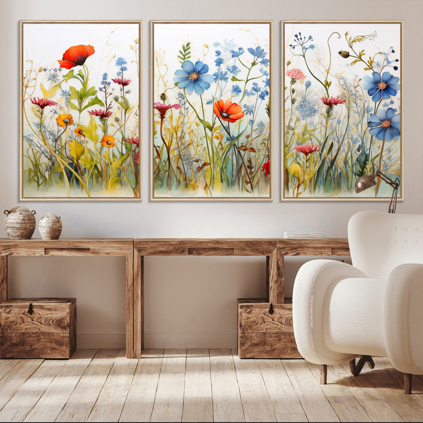 MGV-FC-60X30-3P - Colorful Wildflower Canvas Wall Art - Vibrant Floral Botanical Print, Bright Nature Decor for Living Room, Large 3 Panel Set, Ready to Hang