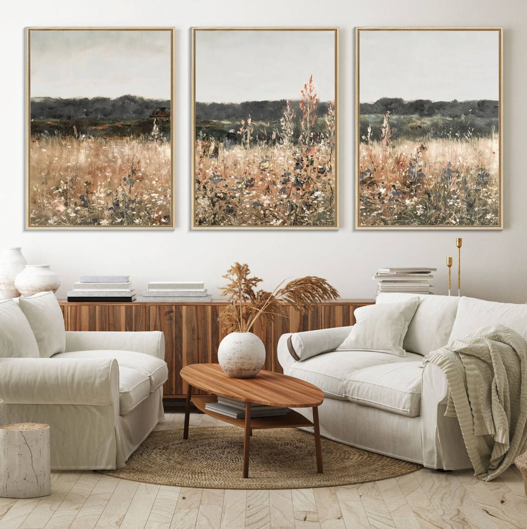 A dining room featuring the Abstract Wildflower Art Field Landscape Oil Painting Print.