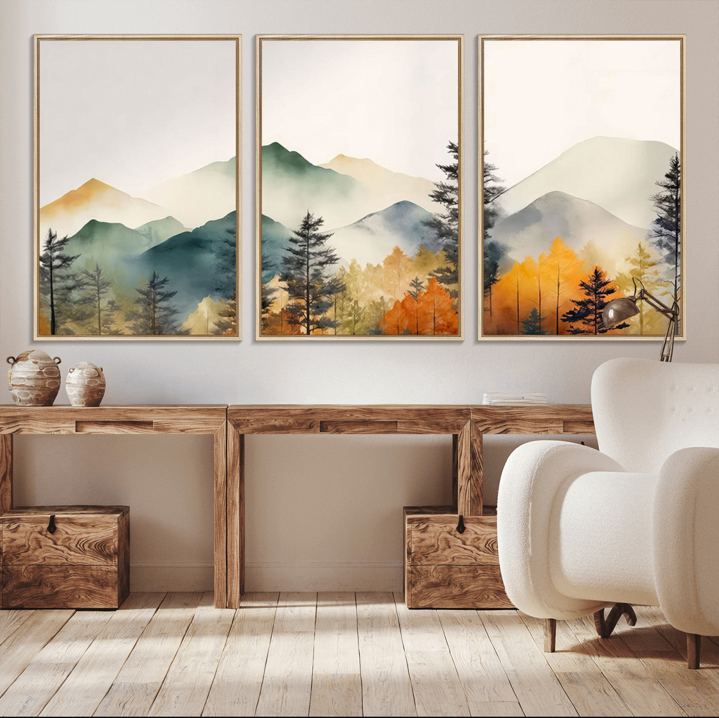 -Abstract Watercolor Mountains and Trees Autumn Wall Art, Mountains and Trees Autumn Wall Art Canvas