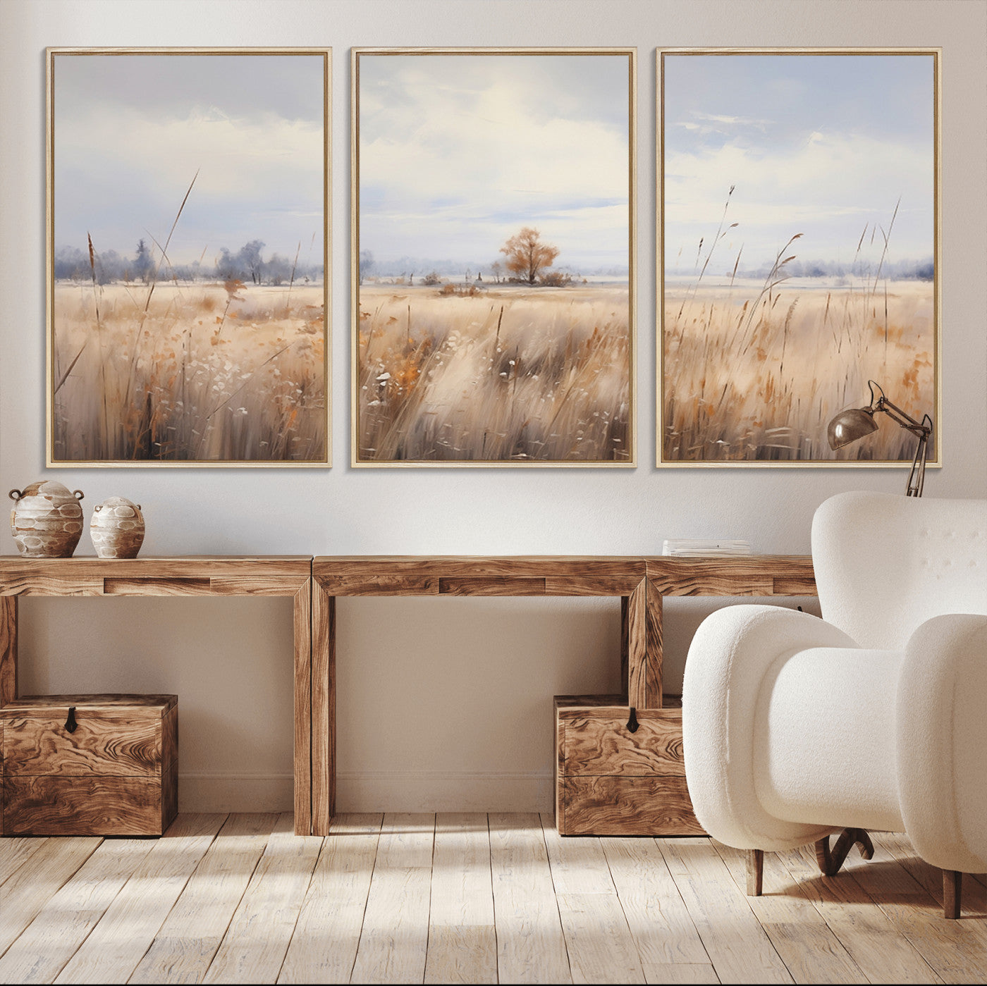 -Golden Fields Wall Art Print Canvas – Serene Landscape of Nature’s Tranquility in Minimalist for