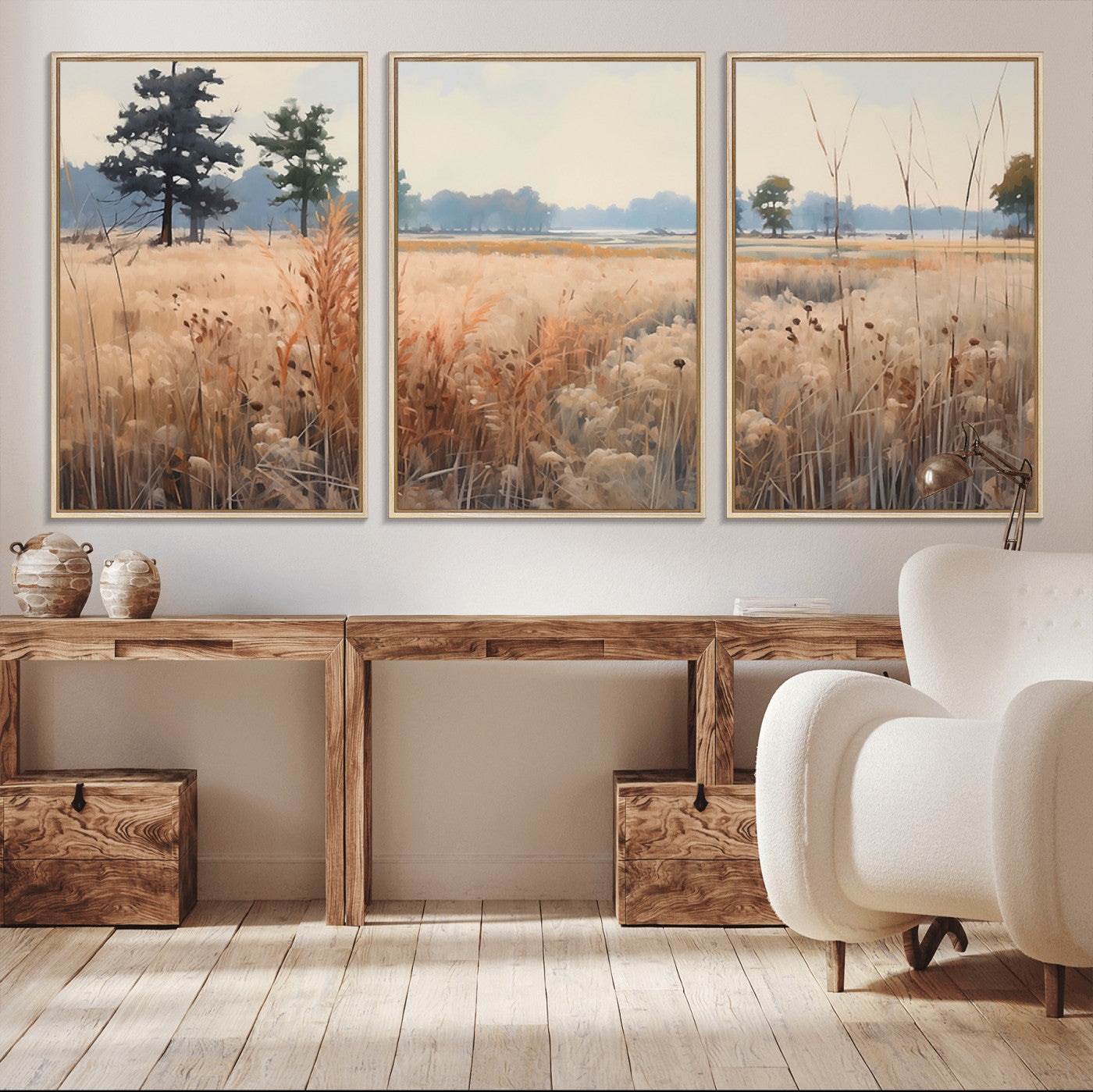 98822-MGV-FC-60X30-3P_Natural-Golden Fields Canvas Wall Art Print – Serene Landscape of Nature’s Tranquility in Minimalist Modern