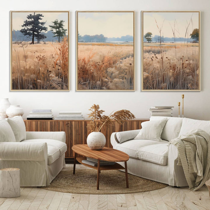 The Golden Fields Canvas Art Print, depicting a serene landscape, adds tranquility with its presence.