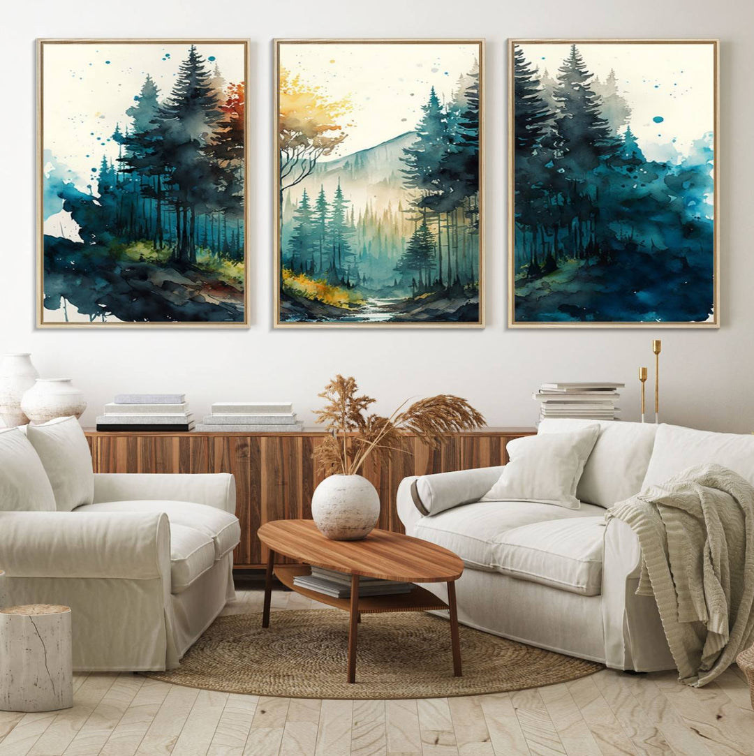 The Watercolor Trees Forest Abstract canvas print is displayed prominently.