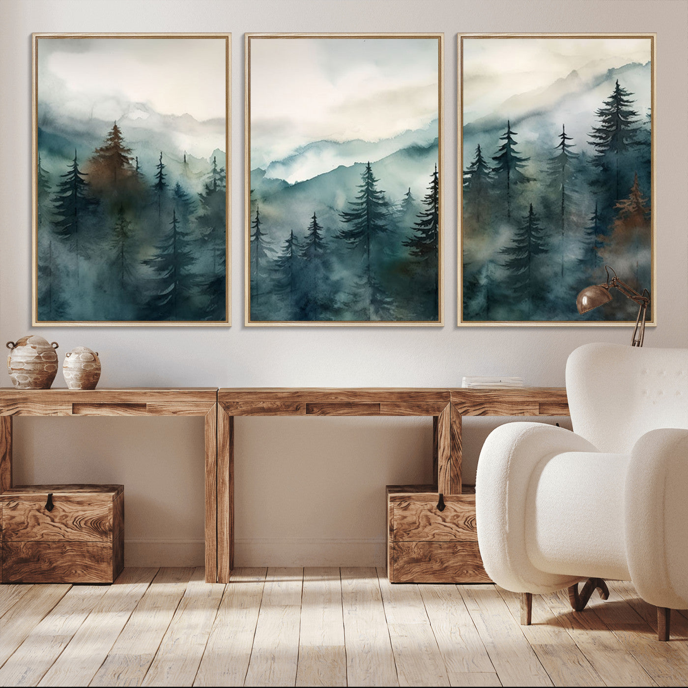 MGV-FC-60X30-3P - Serenity Forest Wall Art Canvas | Foggy Mountain Landscape Canvas Print for Living Room or Office | Nature-Inspired Woodland Decor