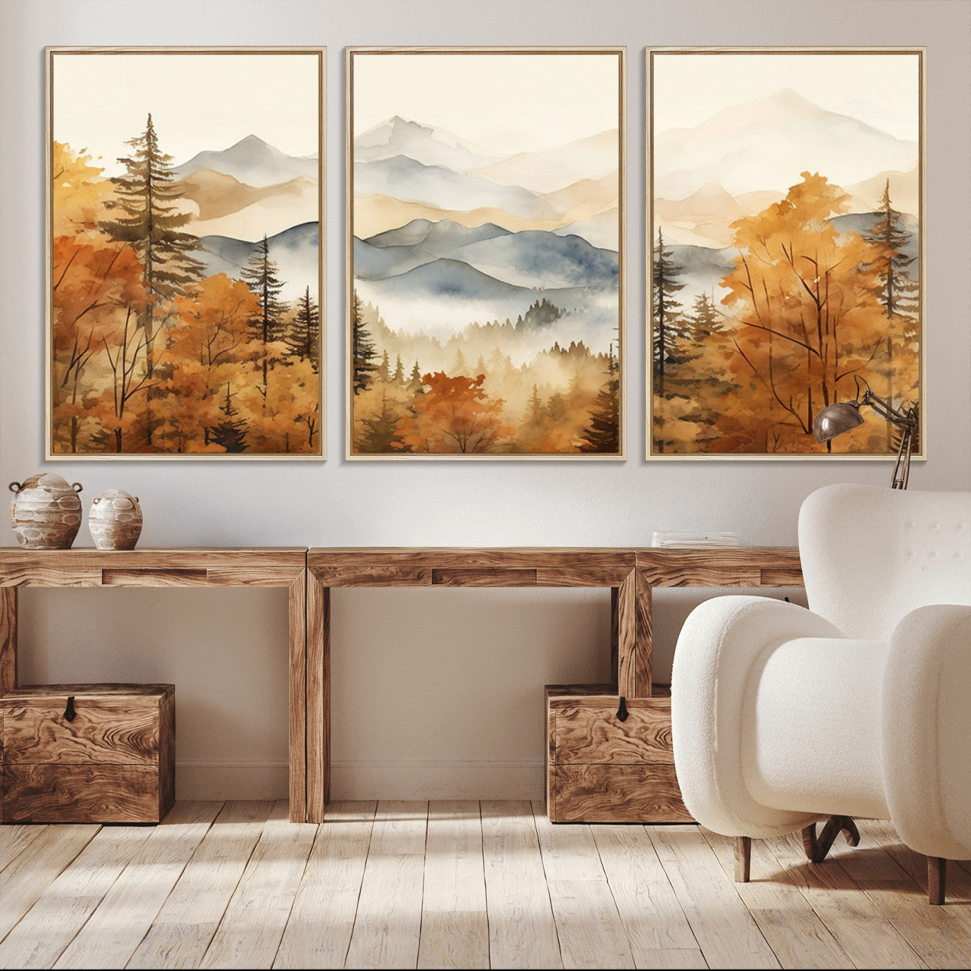 MGV-FC-60X30-3P - Golden Autumn Forest Wall Art | Mountain Landscape Canvas Print for Living Room or Bedroom | Large Wall Decor with Nature-Inspired Design