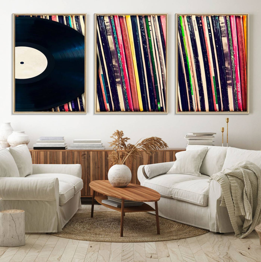 The Vinyl Record and Album Collection Canvas above the dining table enhances the modern kitchen, creating a perfect aesthetic for vintage vinyl lovers.