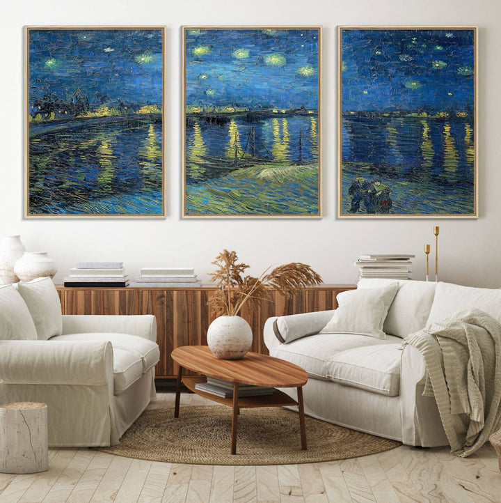 A Vincent van Gogh Starry Night over the Rhone canvas print is displayed on a porch.