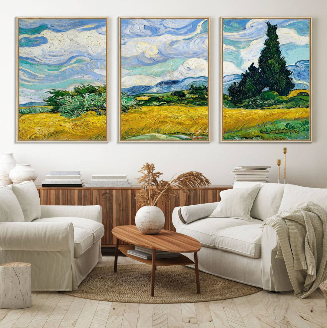 A kitchen featuring Wheatfield With Cypresses Van Gogh canvas wall art.