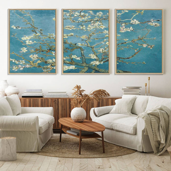 The wall art, Vincent Van Goghs Almond Blossom, stands out with its vibrant depiction against a serene blue background.