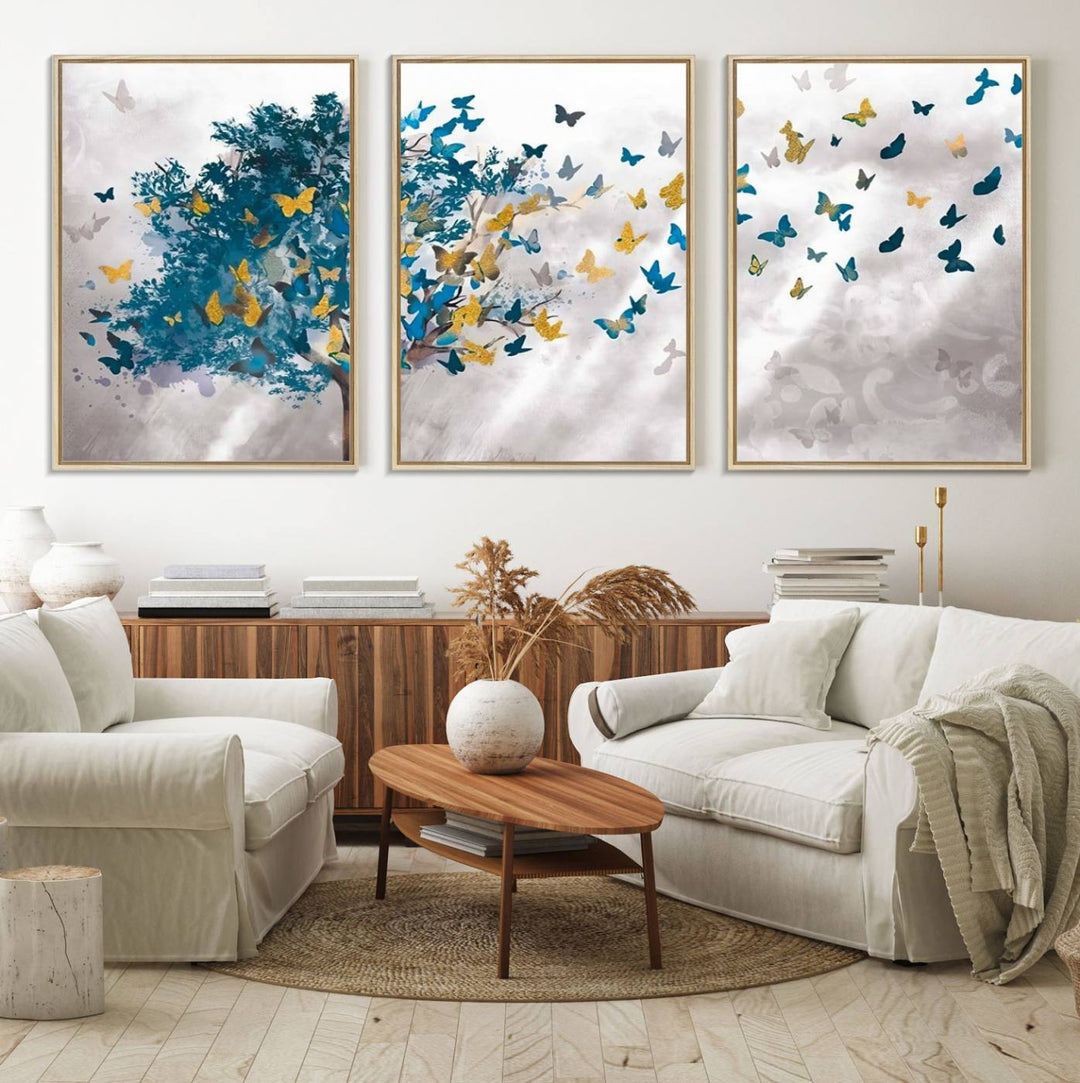 The modern dining room features Tree Butterfly Abstract Wall Art, adding a touch of nature-inspired decor.