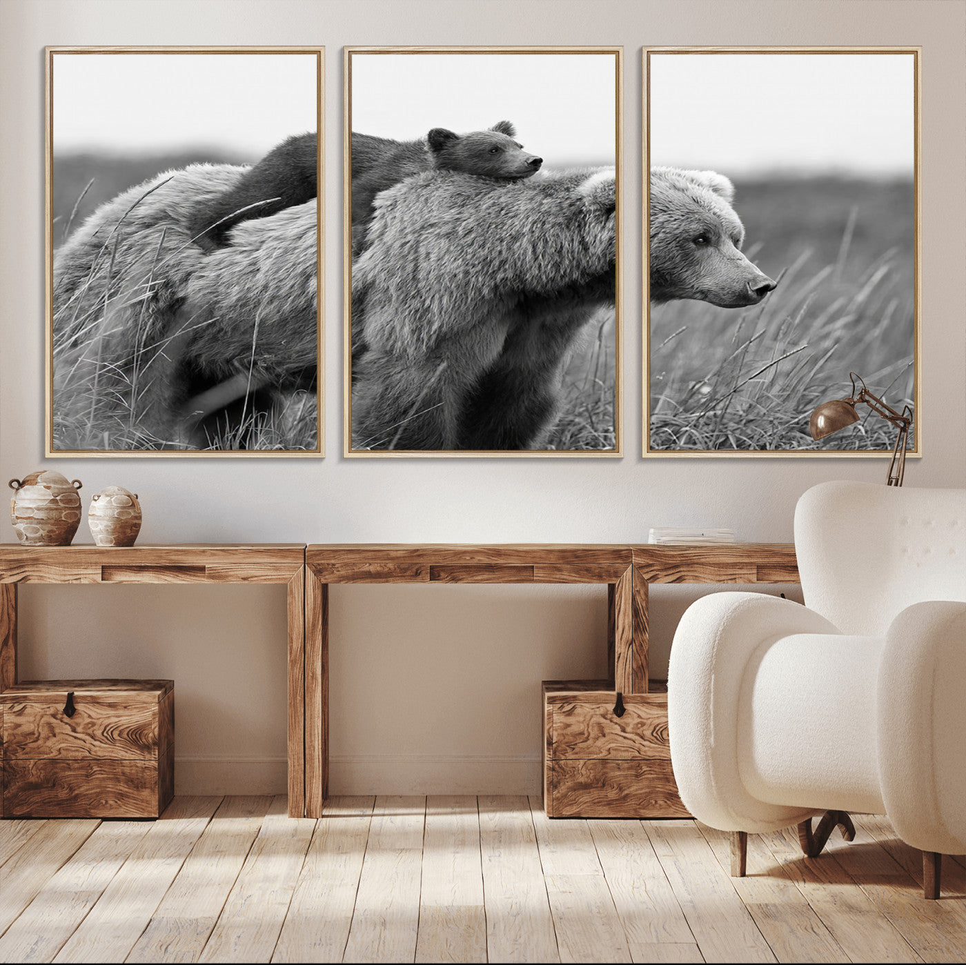 76338-MGV-FC-60X30-3P_Natural-Bear and Cub Wall Art Canvas | 399 Bear Cub Wildlife-Inspired Animal Art for Living Room or Office |