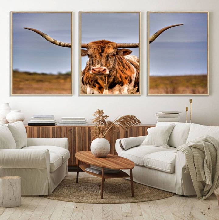 The Texas Longhorn Wall Art Print is displayed in a stylish living room.