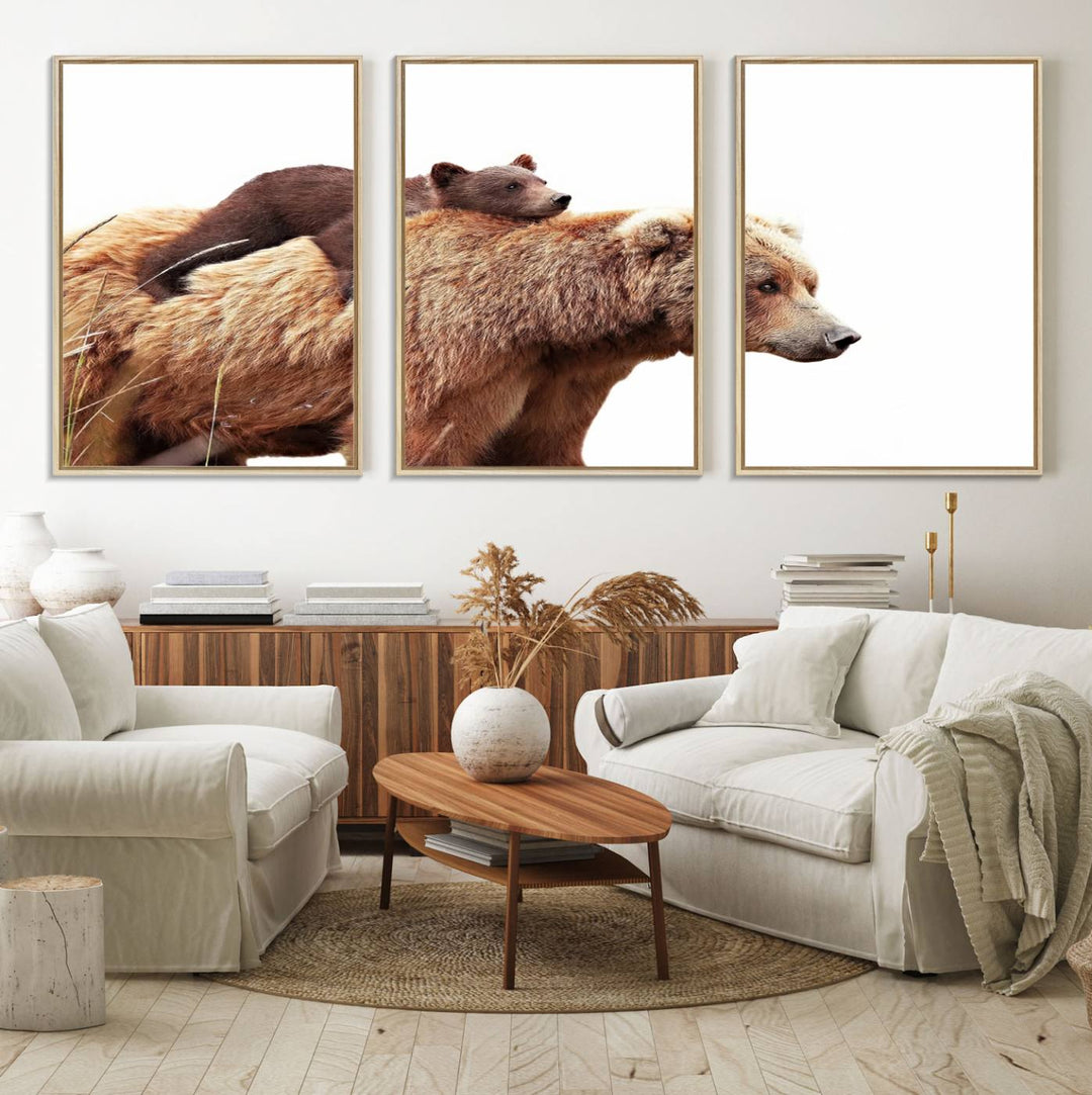 Mother and Baby Bear canvas: an adorable wildlife print displayed on a dark green wall.