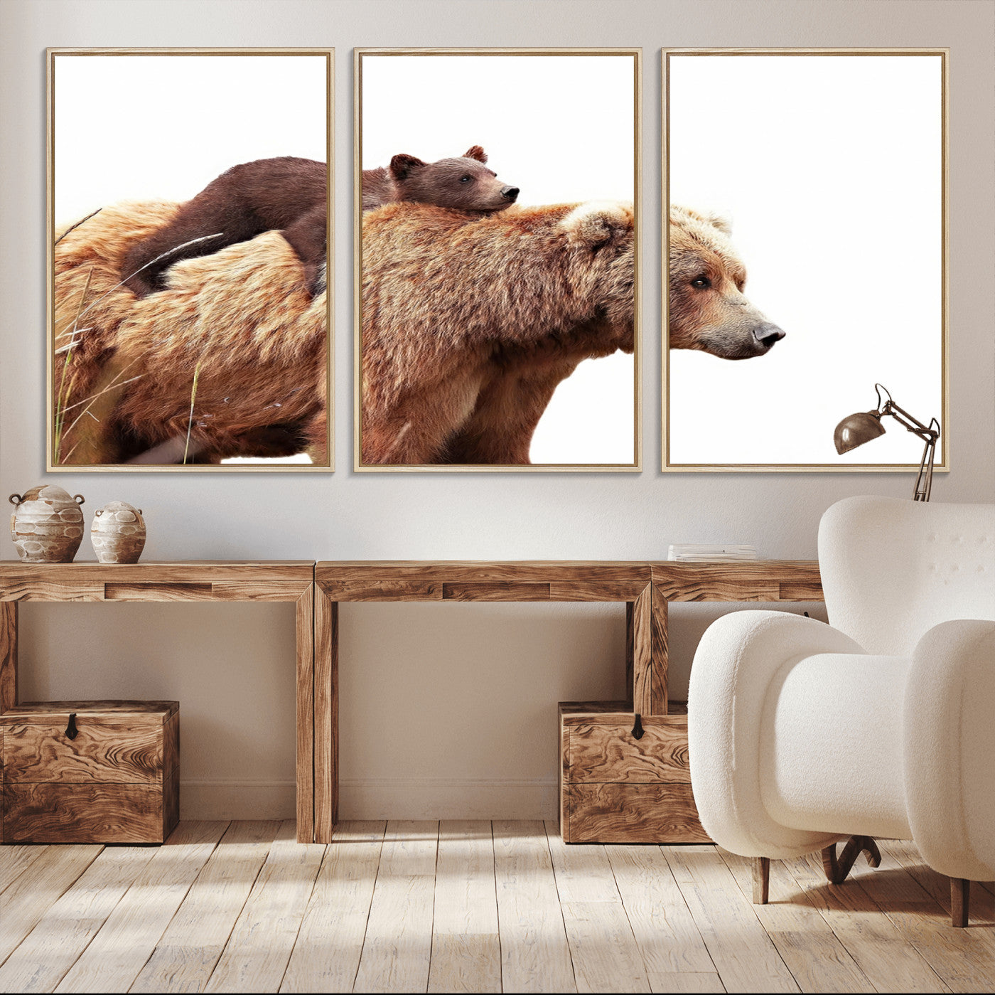 MGV-FC-60X30-3P - Mother and Baby Bear Canvas Wall Art - Adorable Wildlife Animal Print, Cozy Rustic Decor for Living Room,