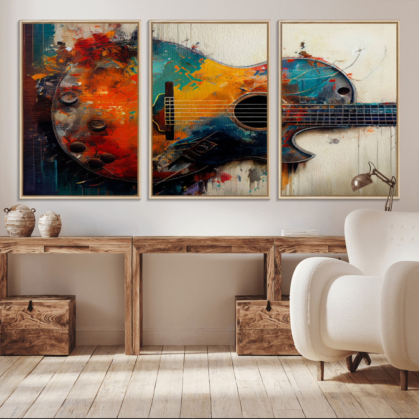 89330-MGV-FC-60X30-3P_Natural-Abstract Guitar Wall Art Canvas | Vibrant Music-Inspired Art for Living Room or Studio | Colorful