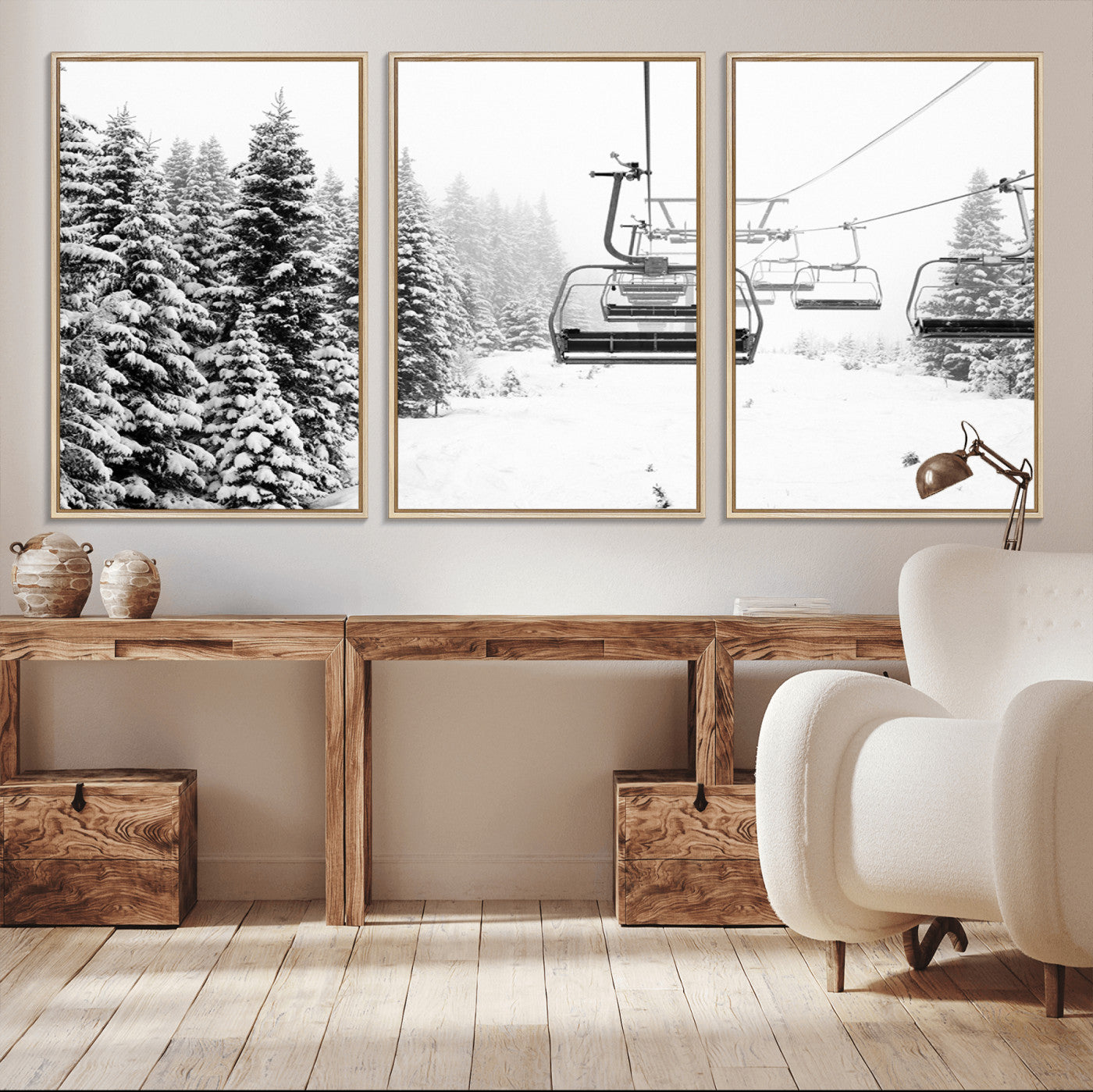 70609-MGV-CV-36X24-Winter Forest Wall Art Canvas Print – Framed Snowy Mountain Scene with Ski Lift Landscape Artwork for Home, Office Decor