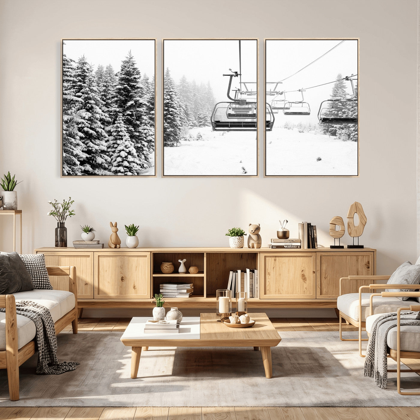 70609-MGV-CV-36X24 - Winter Forest Wall Art Canvas Print, Framed Snowy Forest Art Picture Print, Winter Ski Lift Perfect