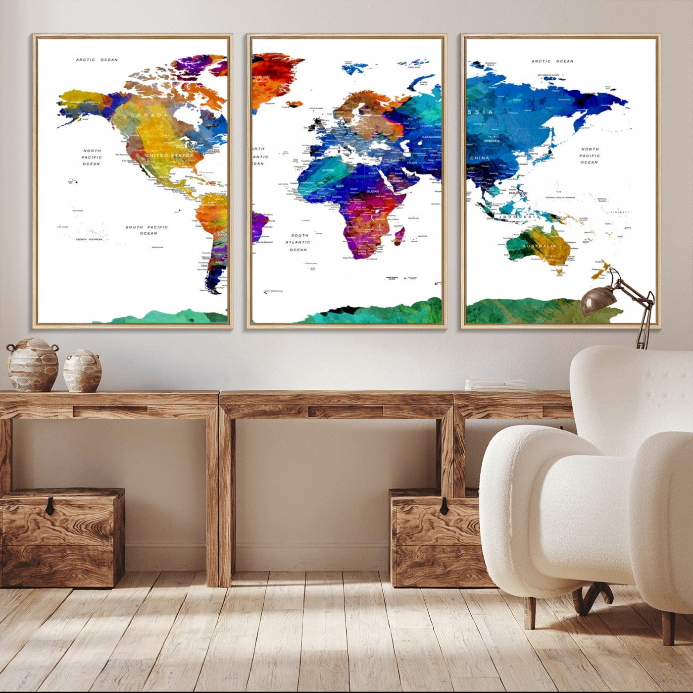 48979-MGV-CV-36X24-Colorful Watercolor World Map Canvas Print – Vibrant Framed Travel Map Wall Art, Modern Decor for Living Room or Office