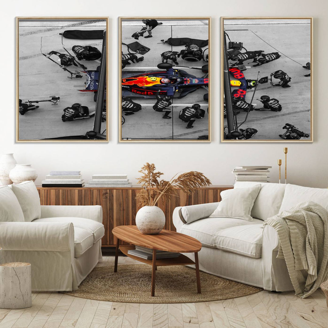 Red Bull Formula 1 Canvas Wall Art Print: An aerial view of a Formula 1 pit stop featuring a Red Bull car on premium canvas.