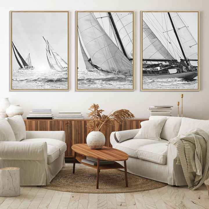 Yacht Sailboat Regatta canvas print on a textured wooden wall.