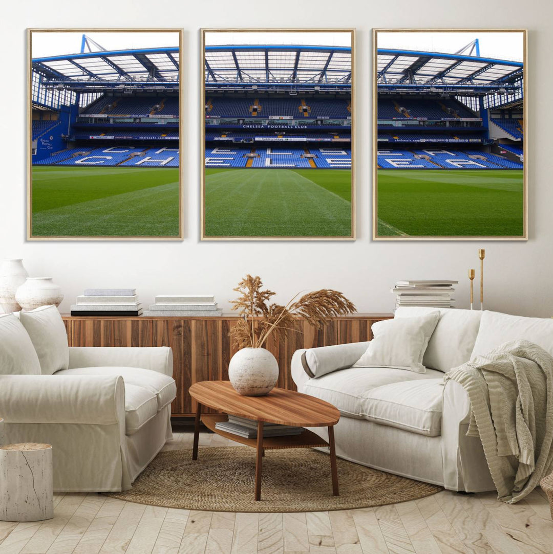 The wall art features a Chelsea FC Stamford Bridge Stadium canvas print.