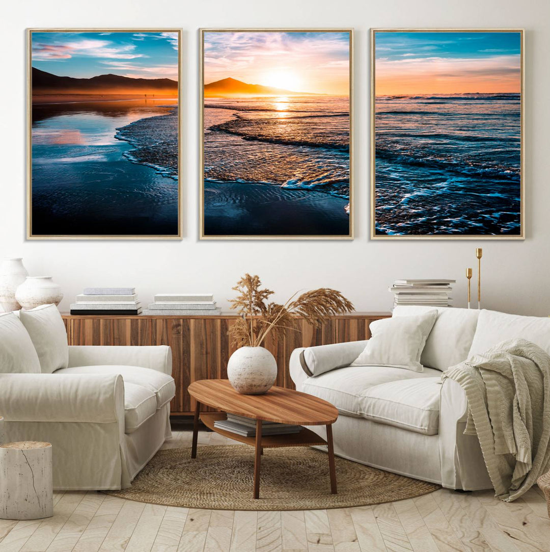 The Sunset Beach Ocean Canvas Wall Art – Tranquil Reflections at Dusk enhances the ambiance with its captivating depiction of serene ocean views at dusk.