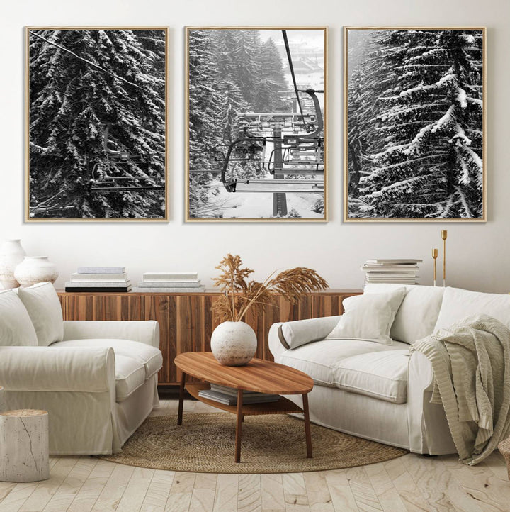 The Winter Ski Lift Canvas in minimalist style adds a unique touch to the dining room.