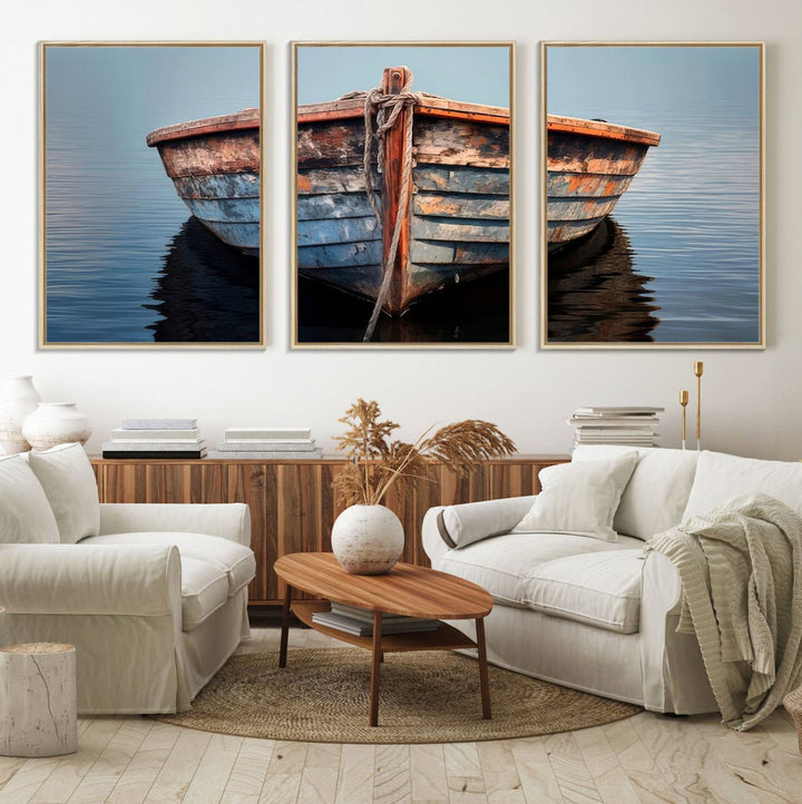 Stunning vintage boat canvas print featuring a calm water scene.