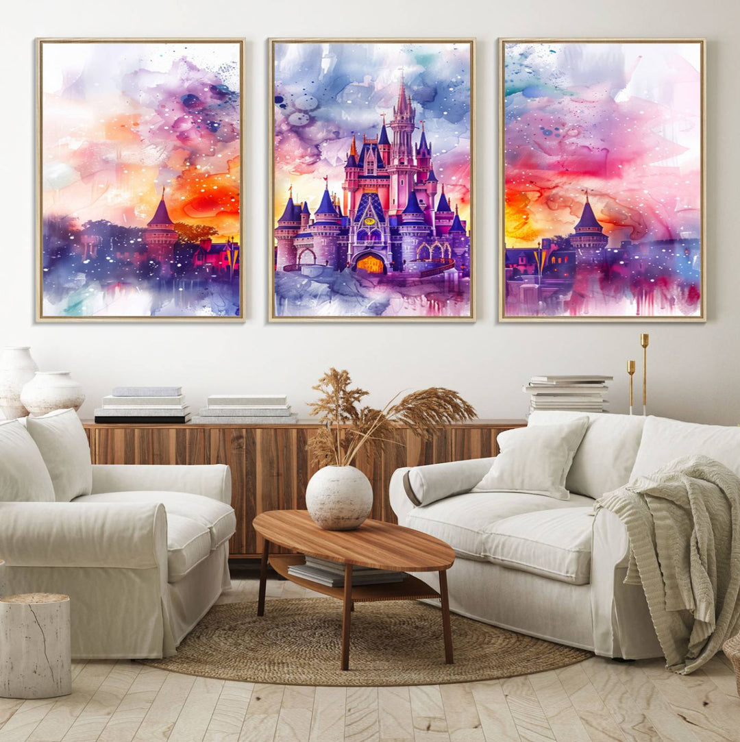 The watercolor Disney Wall Art showcases Cinderellas Castle in pink, purple, and orange hues.