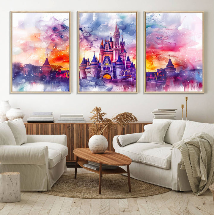 The watercolor Disney Wall Art showcases Cinderellas Castle in pink, purple, and orange hues.