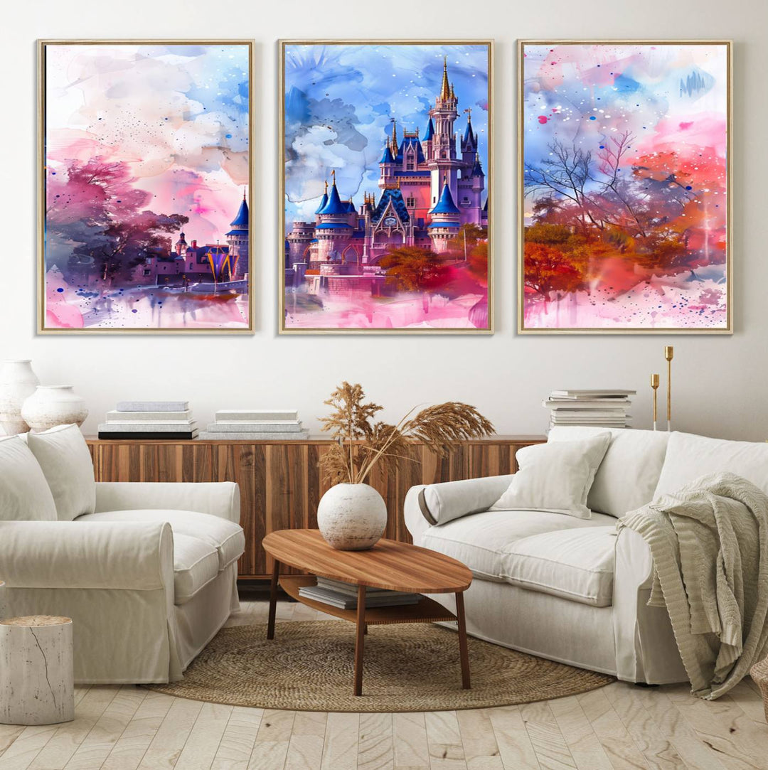 A Disney Wall Art: Dreamy Watercolor Cinderella Castle Canvas Print hangs prominently.